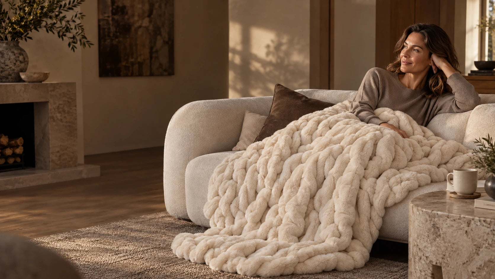 A quiet afternoon at home, wrapped in a cream ruched blanket on an ivory sofa.