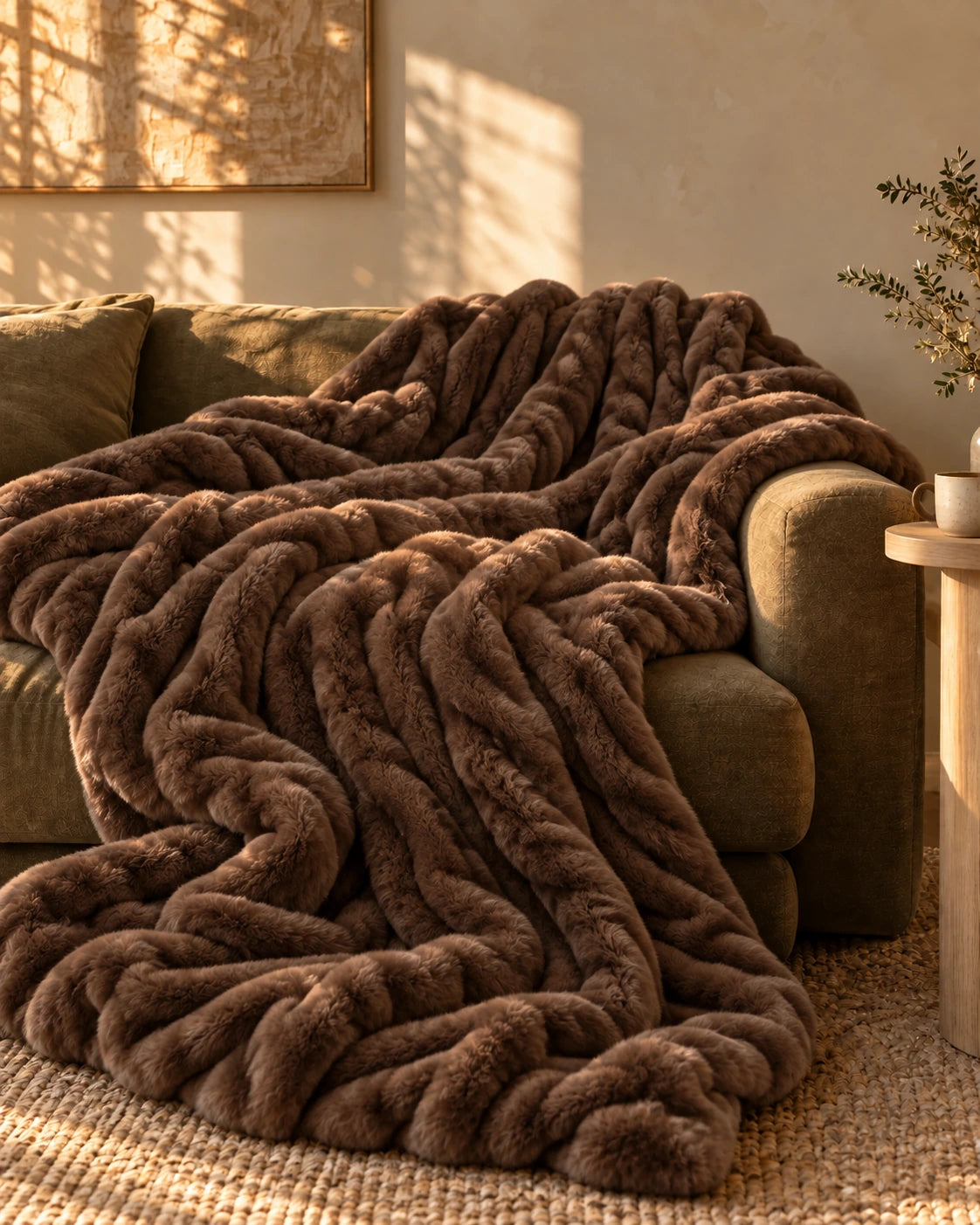 A chocolate-brown ruched blanket draped over an olive sofa in warm afternoon light.